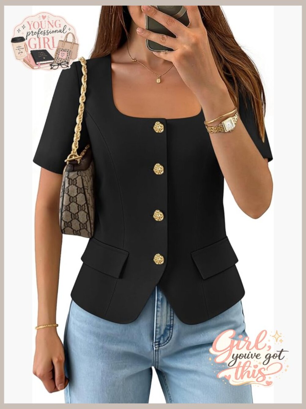 Crop Blazer Vest, Square Neck Short Sleeve, Button Down Work Top